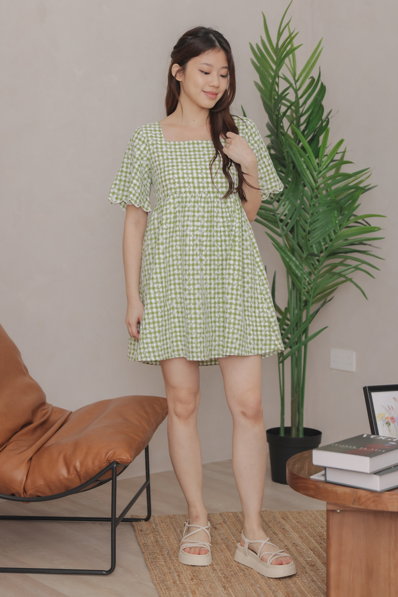 *Carme Embroidery Checkered Mini Dress Pear