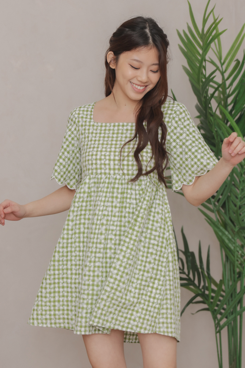 *Carme Embroidery Checkered Mini Dress Pear