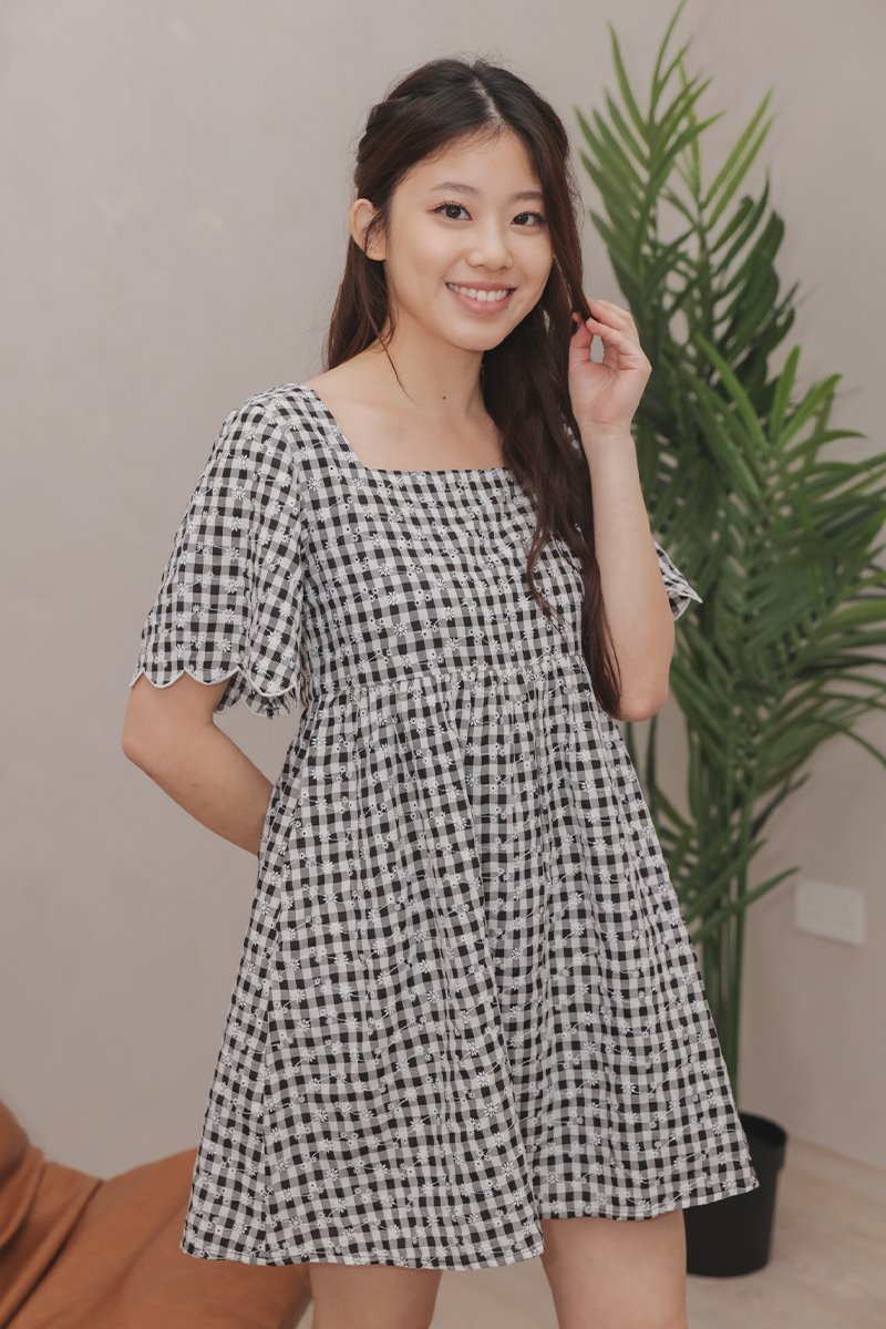 Carme Embroidery Checkered Mini Dress Black