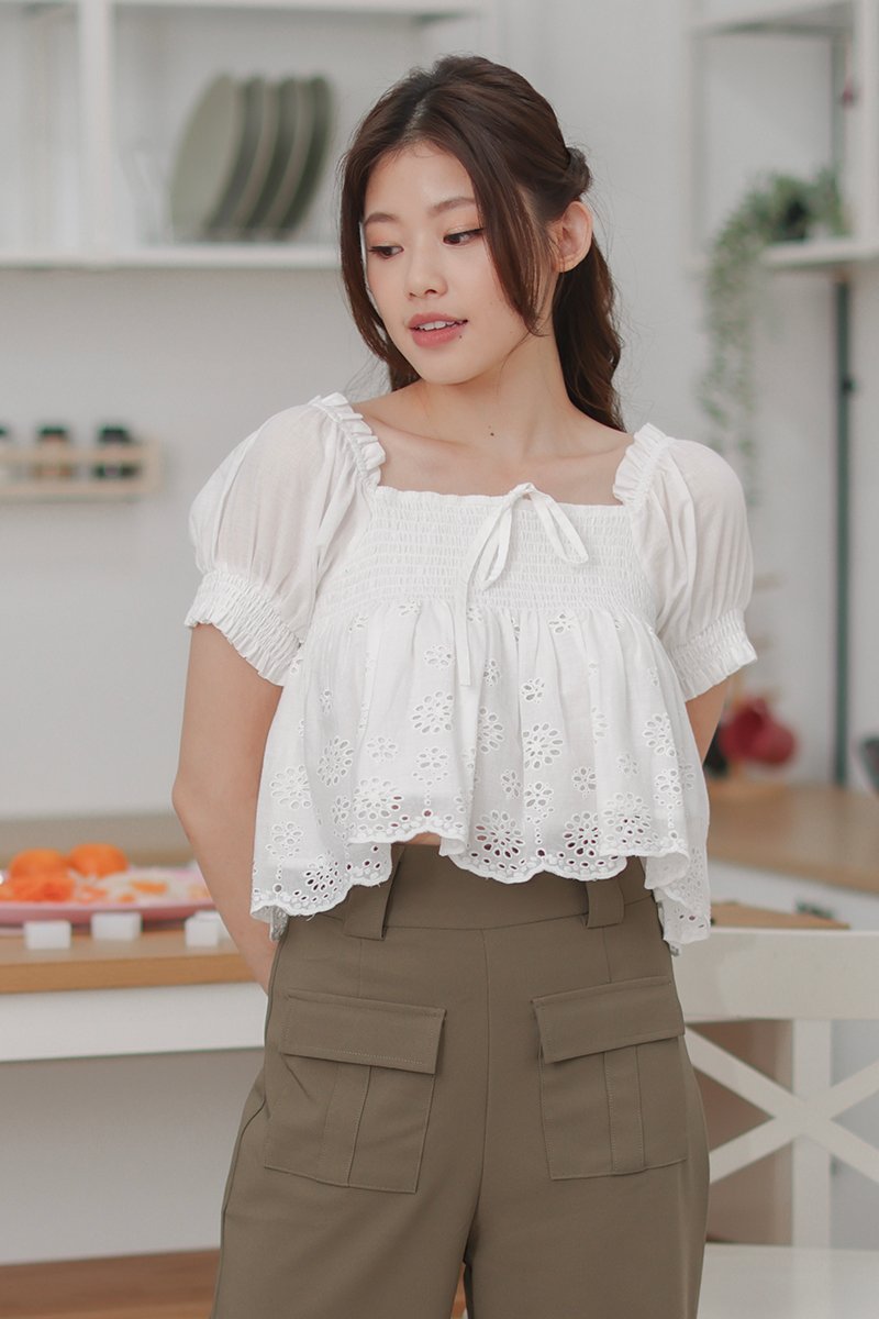 Lyla Smocked Broderie Puff Sleeves Top Ivory