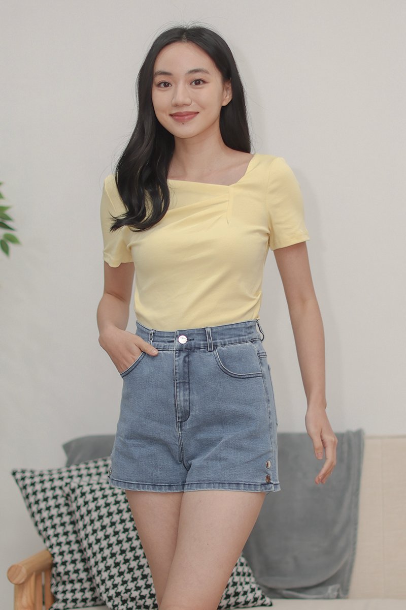 Colette Asymmetrical Ruched Short Sleeves Top Daffodil