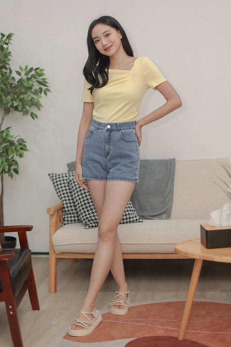 Colette Asymmetrical Ruched Short Sleeves Top Daffodil