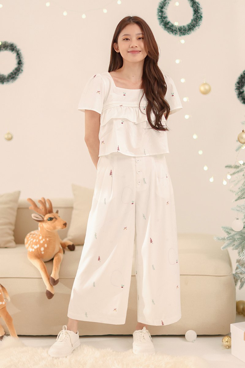 Jolly Printed Wide Leg Elastic Pants Ivory