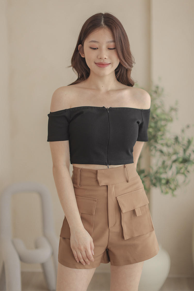 *Mattie Front Zip Off Shoulder Crop Top Black