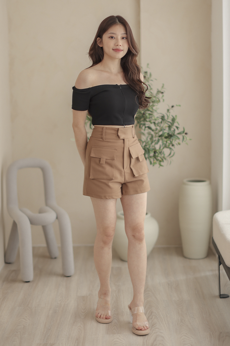 *Mattie Front Zip Off Shoulder Crop Top Black