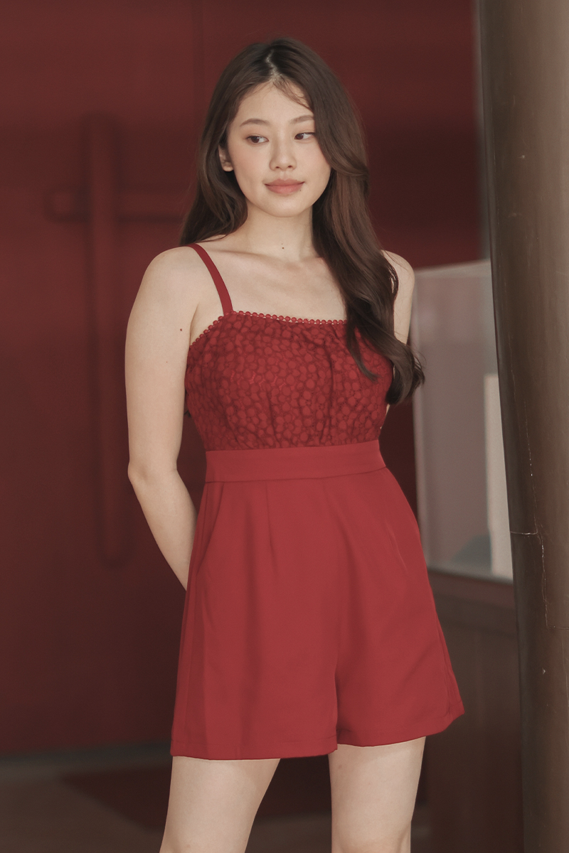 Val Lace Cami Romper Scarlet