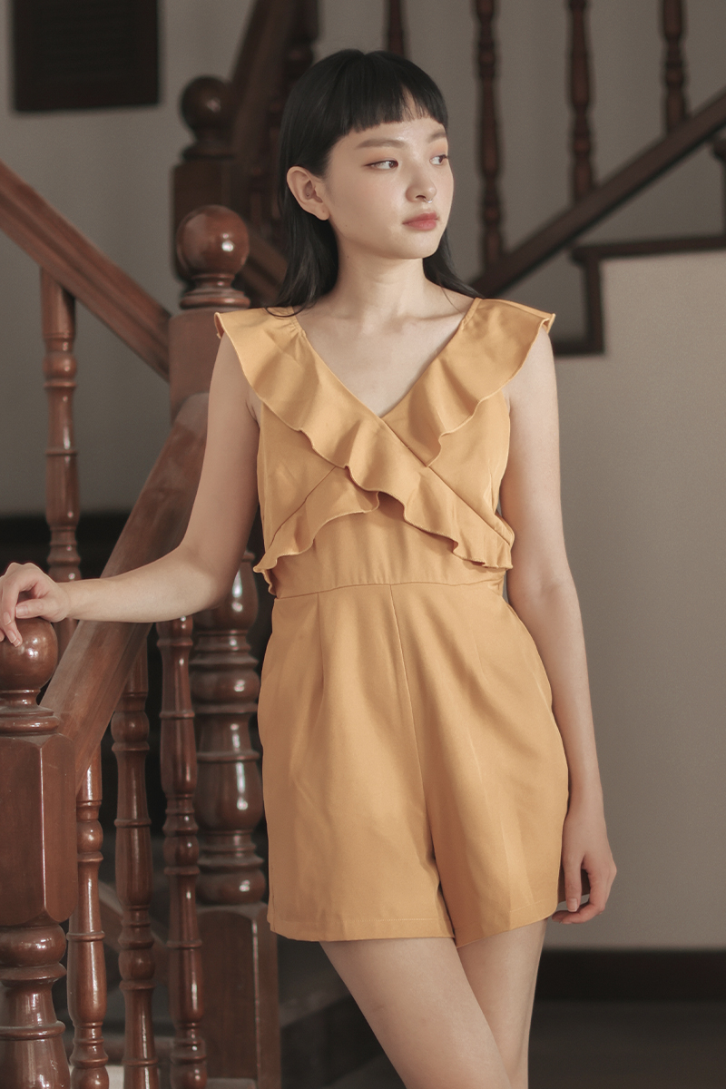 *Ayla V Neck Ruffle Romper Mustard