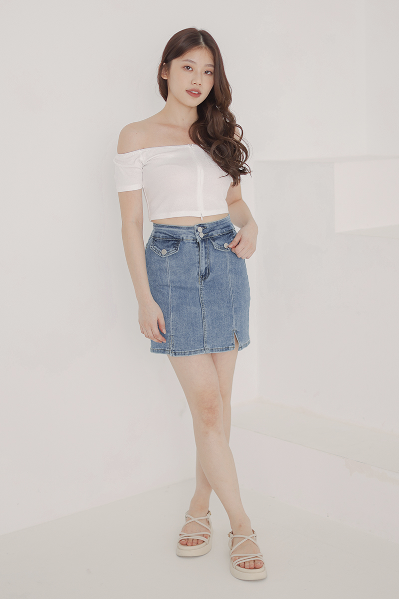 Jackie Highwaist Double Button Slit Denim Skirt Darkwash