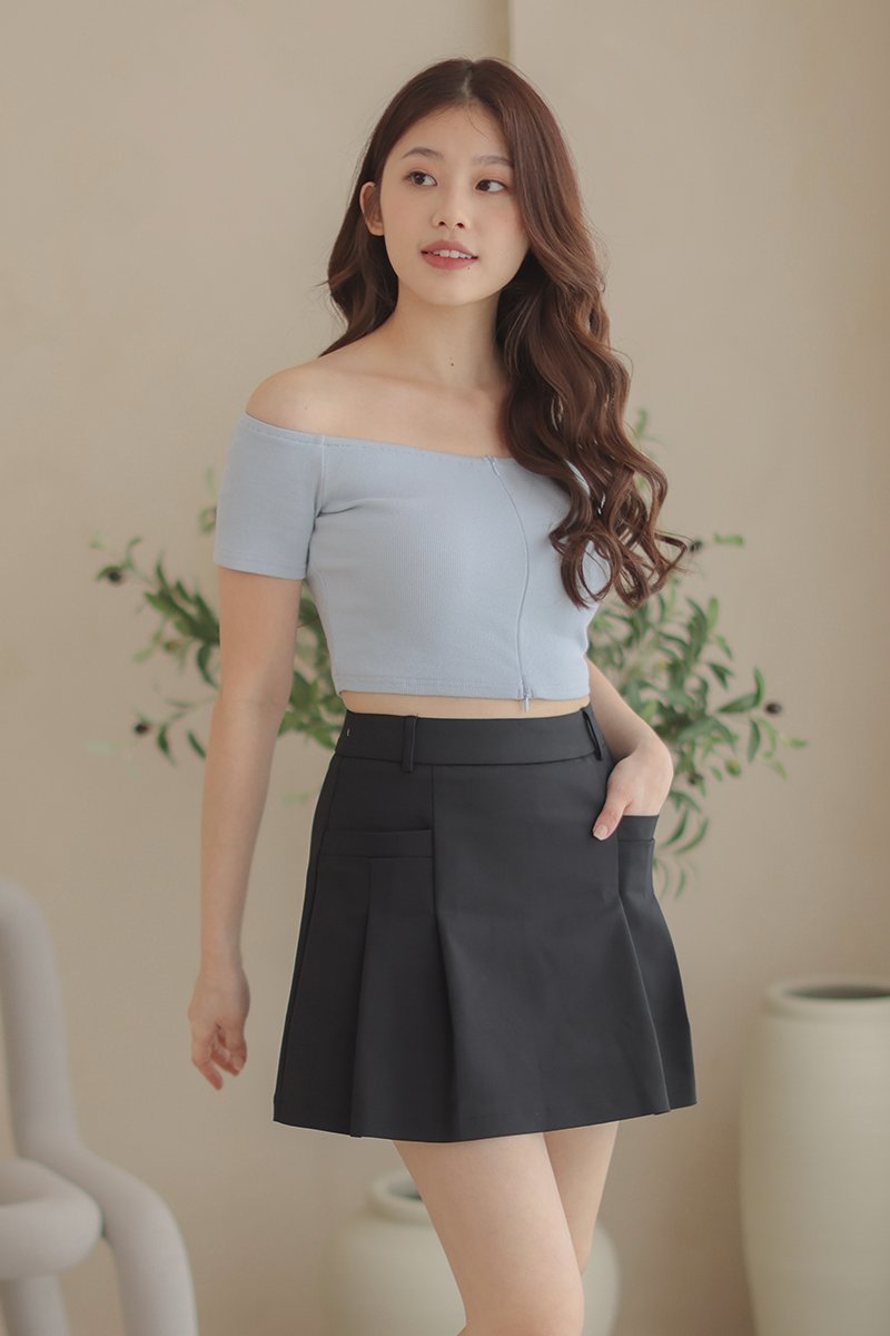 *Mattie Front Zip Off Shoulder Crop Top Sky