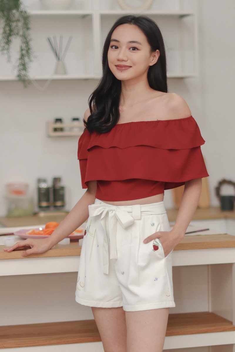 Amora Off Shoulder Ruffle Crop Top Scarlet