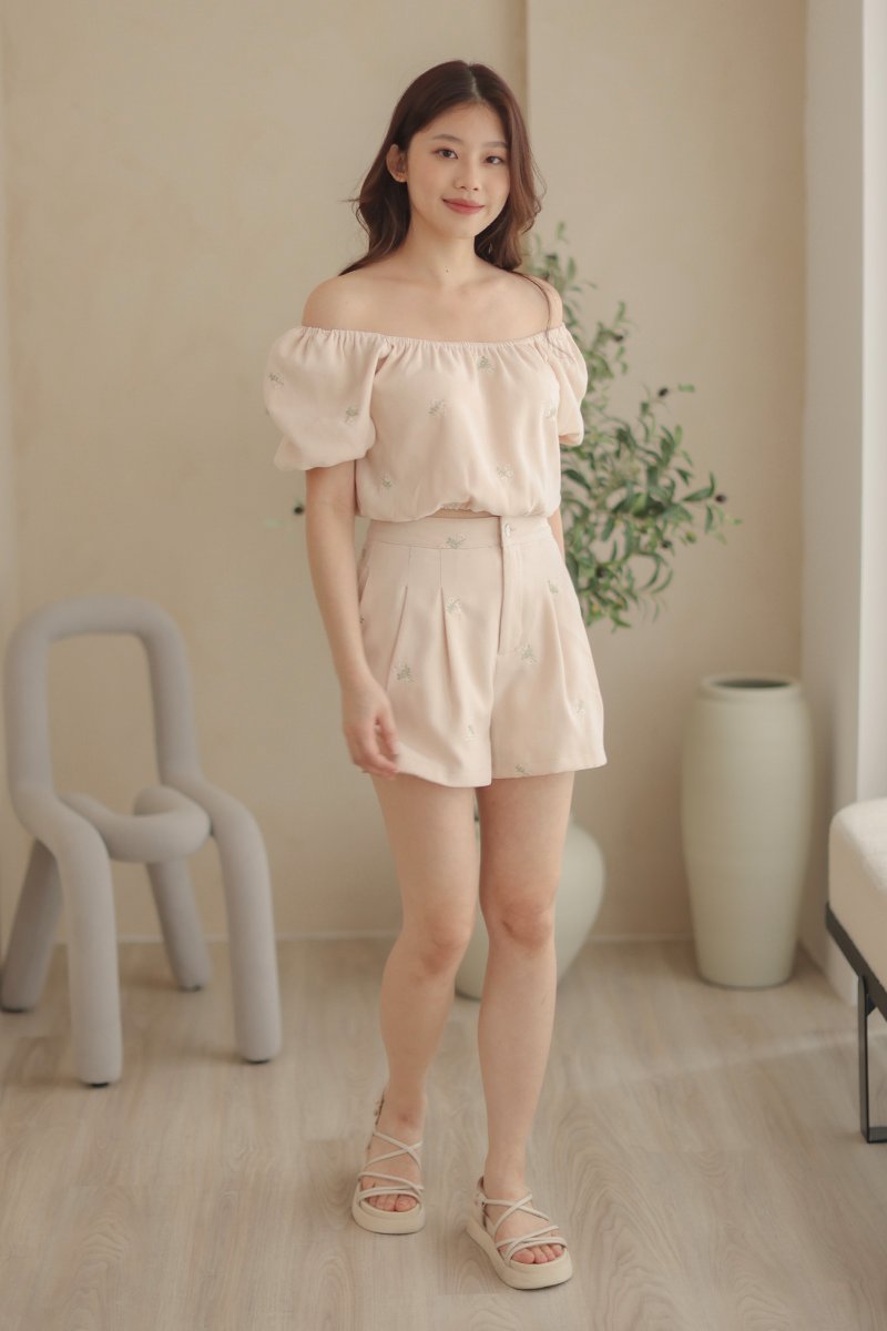 Emori Floral Embroidered Puff Sleeves Top Nude