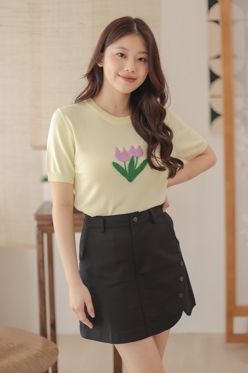 Jeynelle Floral Embroidery Knitted Top Daffodil
