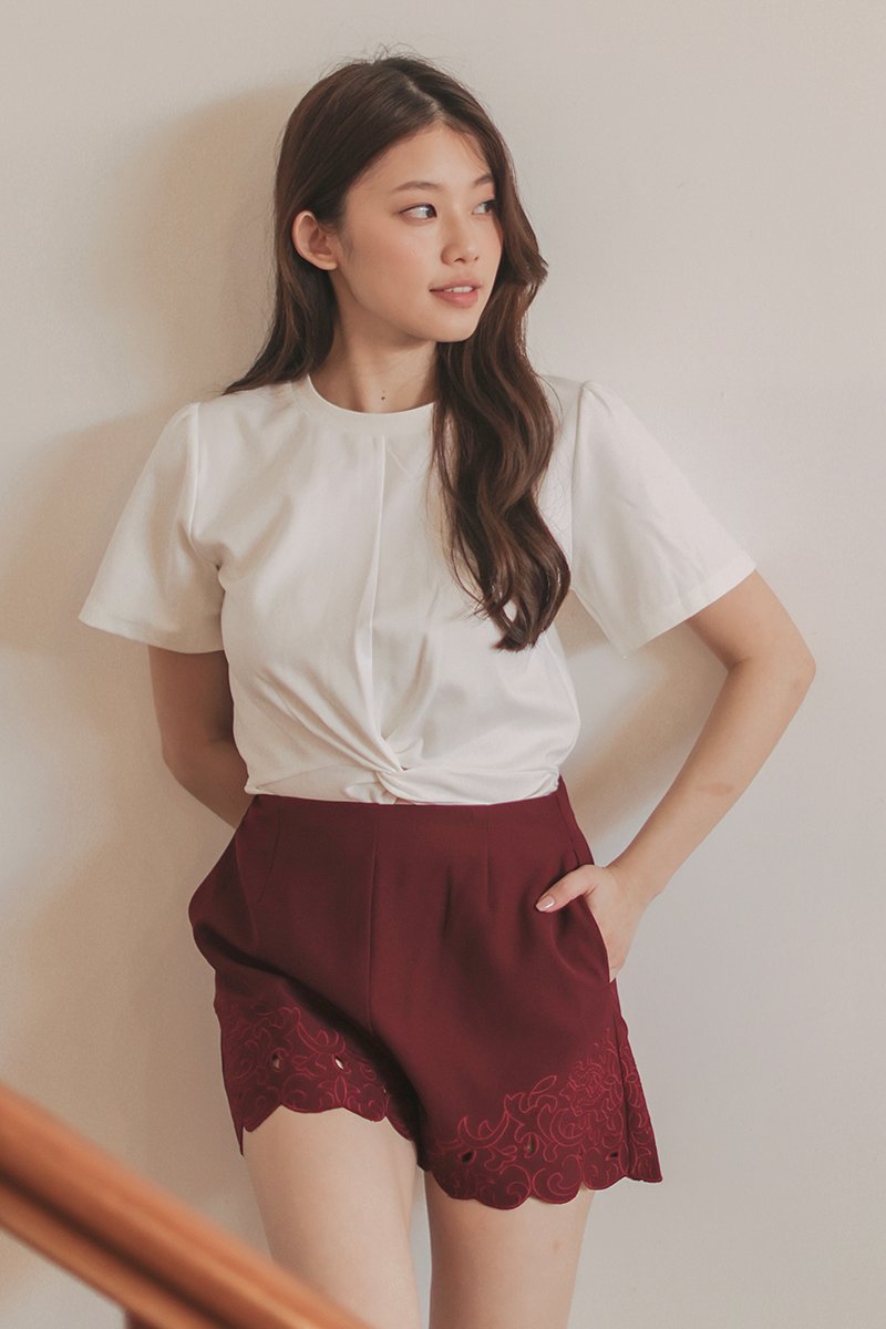 Adriel Highwaisted Embroidered Shorts Wine